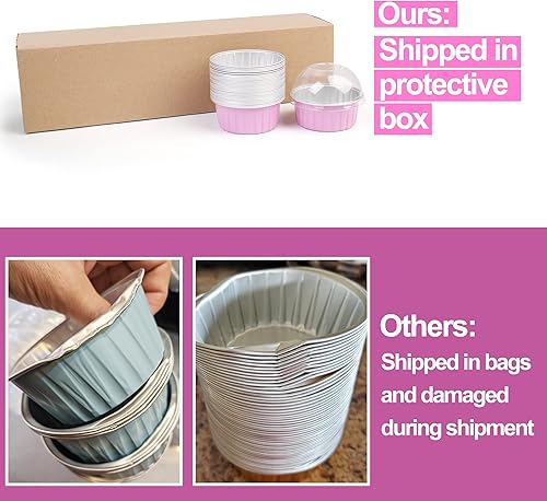 Miniatura 6 de LotFancy Vasos de aluminio para hornear con tapas de cúpula y cucharas, 5 onzas líquidas, 50 moldes desechables de crema brulee, aptos para horno,