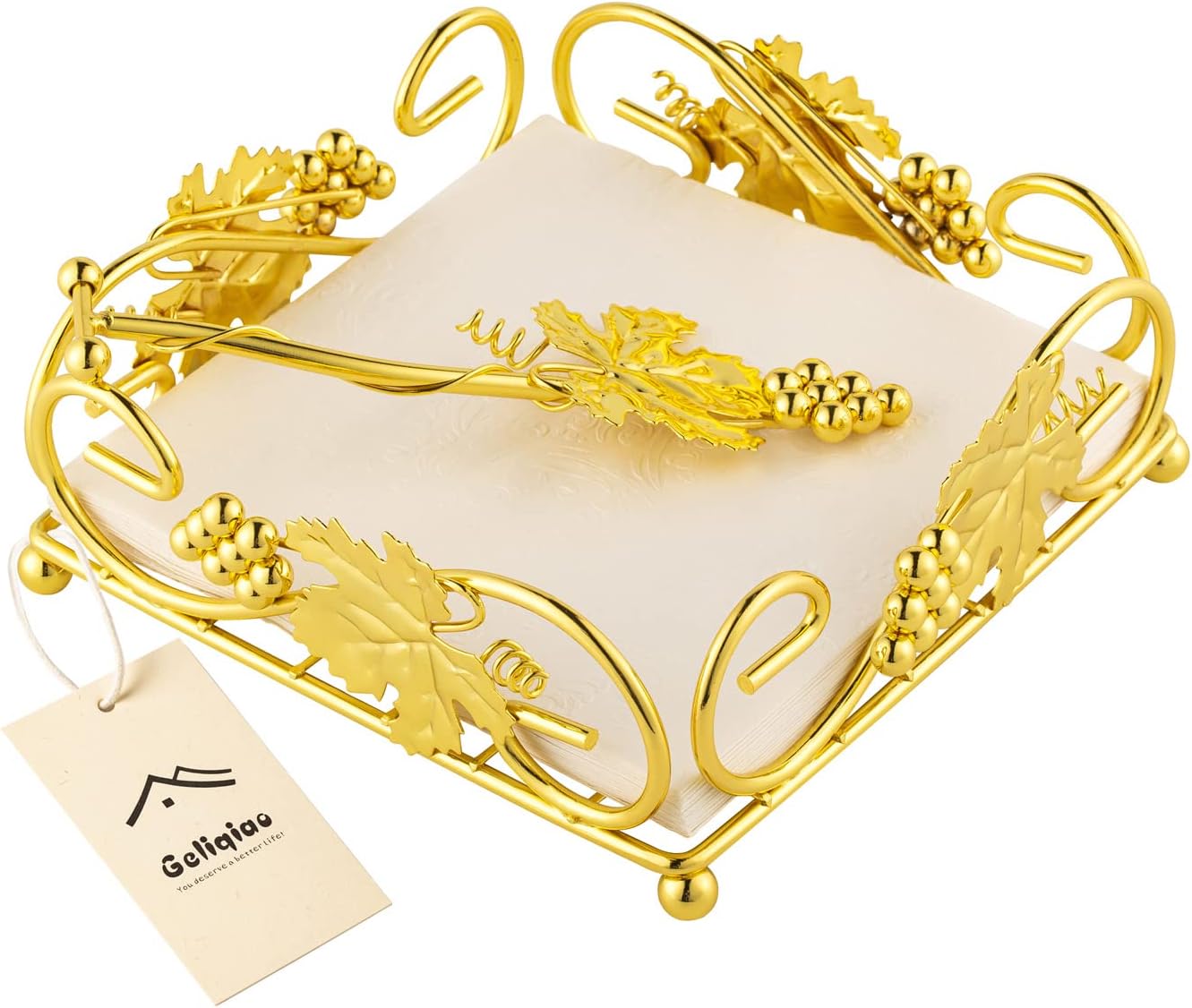 Flat Napkin Holder for Table Gold With Weight Arm for Kitchen Courtertops Dinning Table Grape Leaf Modern Tissue Dispenser Stainless Steel Gilding (7" L X 7" W X 2.5" H)