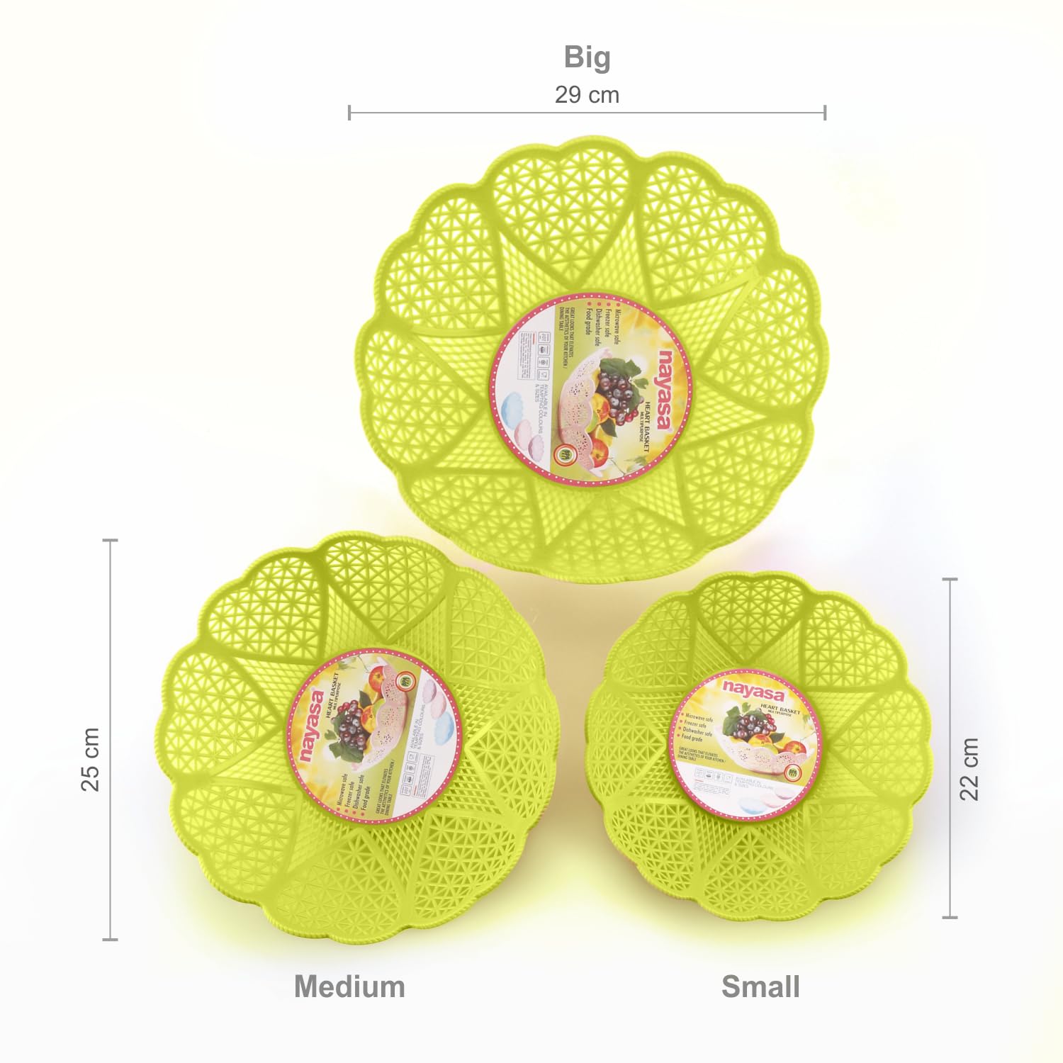 Nayasa Heart 3 Piece Plastic Fruit Basket Set | Tokri for Vegetables | 29.8 cm X 29.8 cm X 8 cm | Green 2