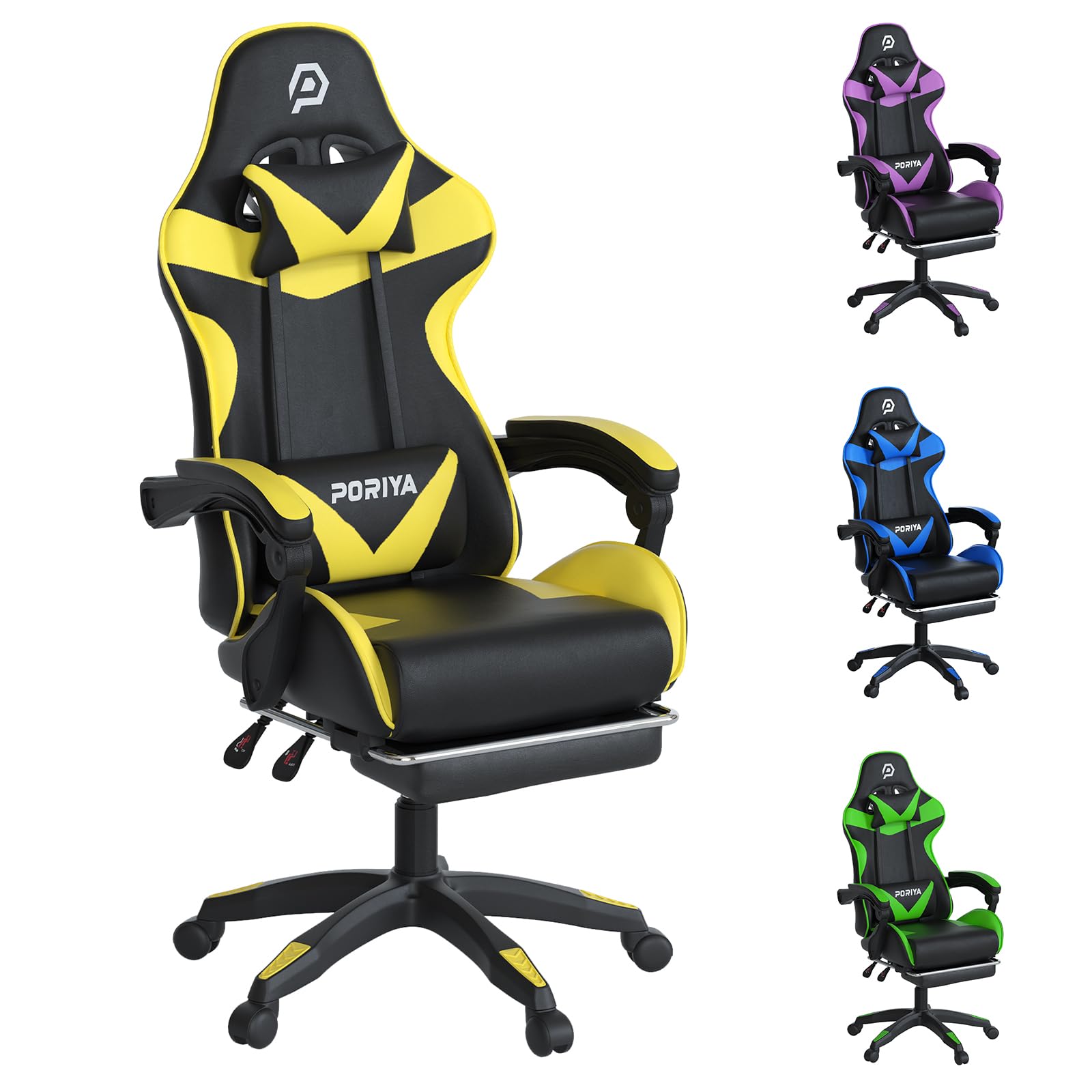 PORIYA Gaming Chair with Head Cushion, Height Adjustable, Breathable Fabric Gaming Chair, Racing-Style Executive Seat, Reclining Capability, Suitable for Office Chair, Yellow, Small Size
