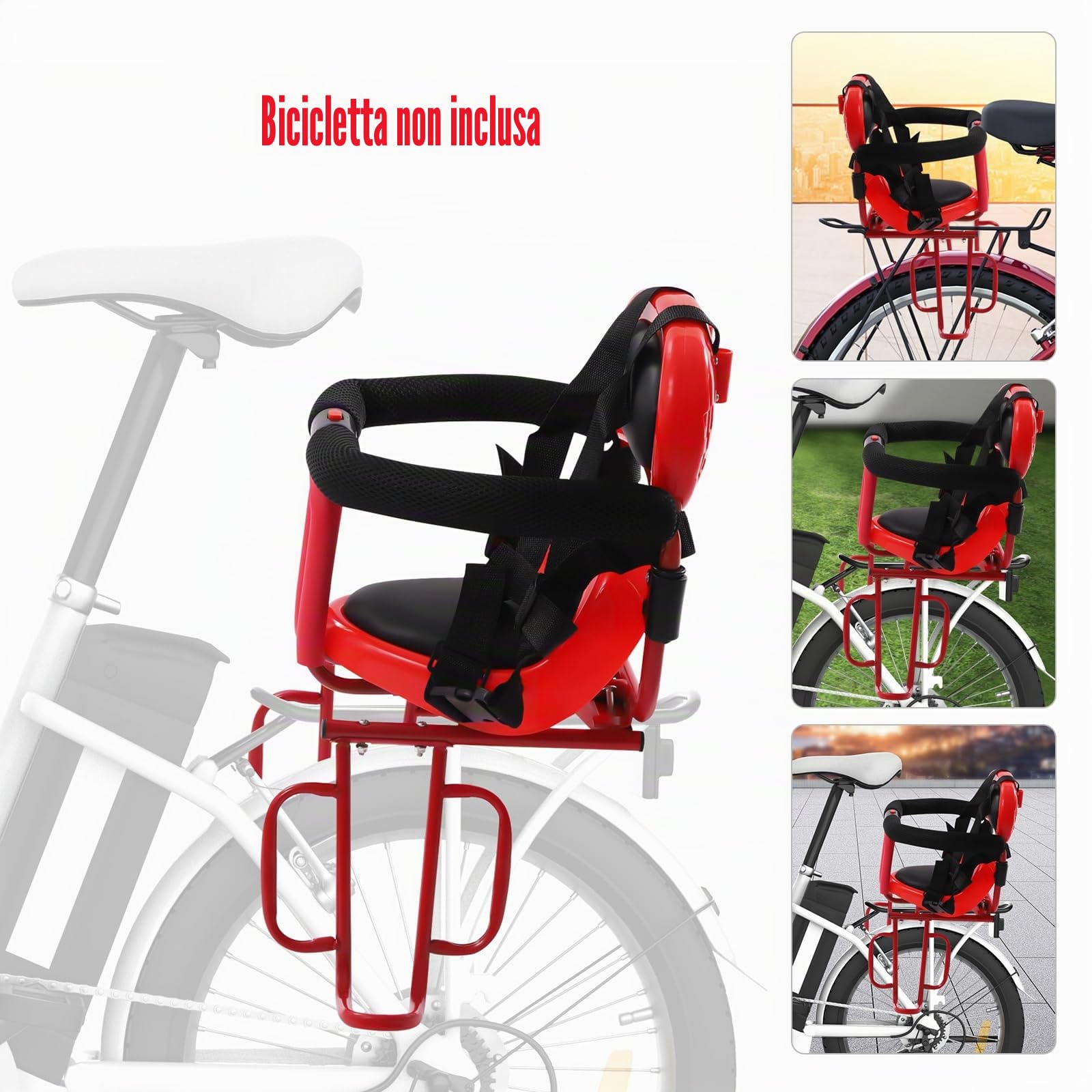 Seggiolino posteriore per bicicletta, rosso, 6 mesi, 6 anni, con cintura di sicurezza a 5 punti e telaio in acciaio, universale, per e-bike, mountain bike, biciclette pieghevoli (fino a 30 kg), con