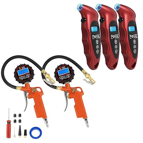 FOVAL Paquete de 2 infladores digitales de neumáticos FOVAL y paquete de 3 manómetros digitales de presión de neumáticos de 150 PSI