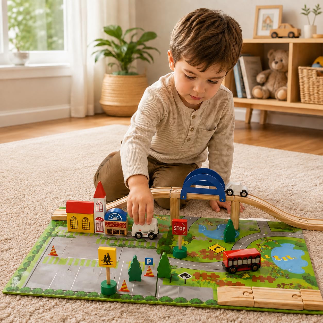 Wooden City Play Set 39 Piece with Road Play Board, Buildings, Vehicles & Signs, Educational Wooden Town Toy for Imaginative Role Play, Motor Skills & Early Learning, Ages 18 Months+