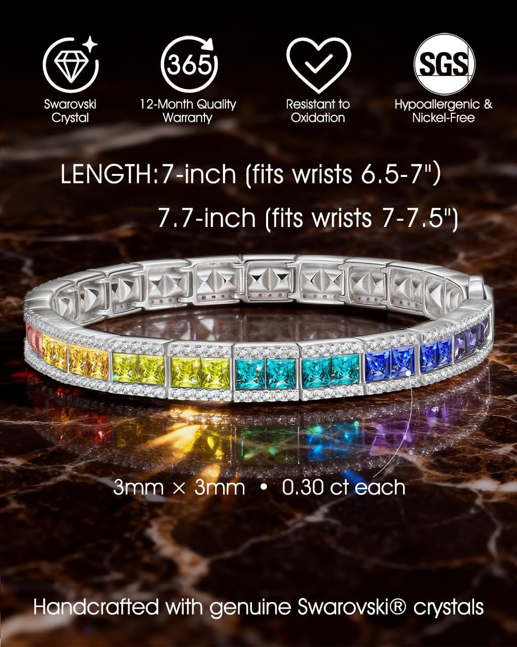 7 inch - 7.7 inch Rainbow Tennis Bracelets, Handcrafted with Eco-Friendly Swarovski® Crystals, with Elegant Gift Box - Image 3