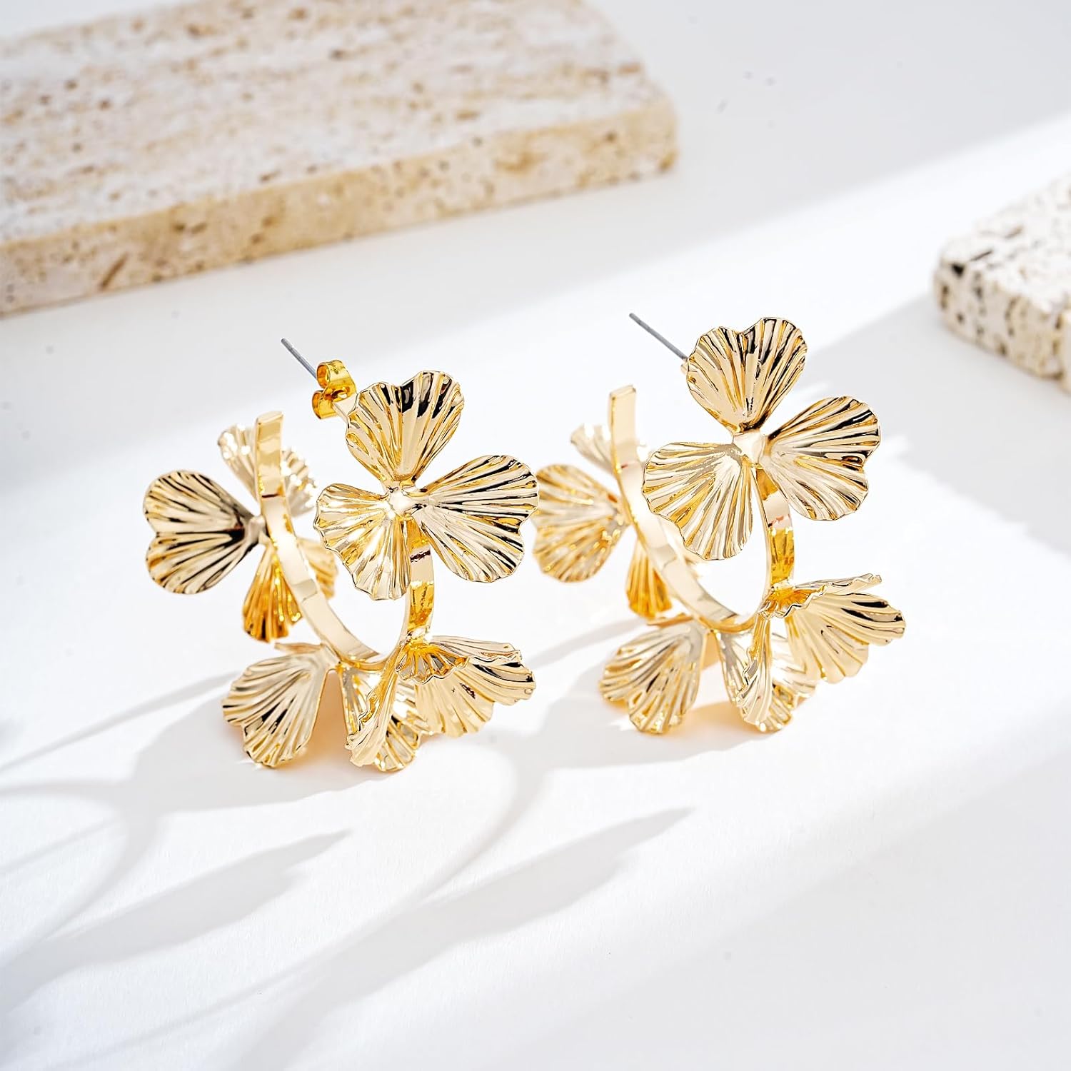 Large Gold Floral Earrings Floral Statement Hoop Earrings 18K Gold-Plated Hypoallergenic Exaggerated C-Shape Large Flower Open Hoops for Women - Image 5