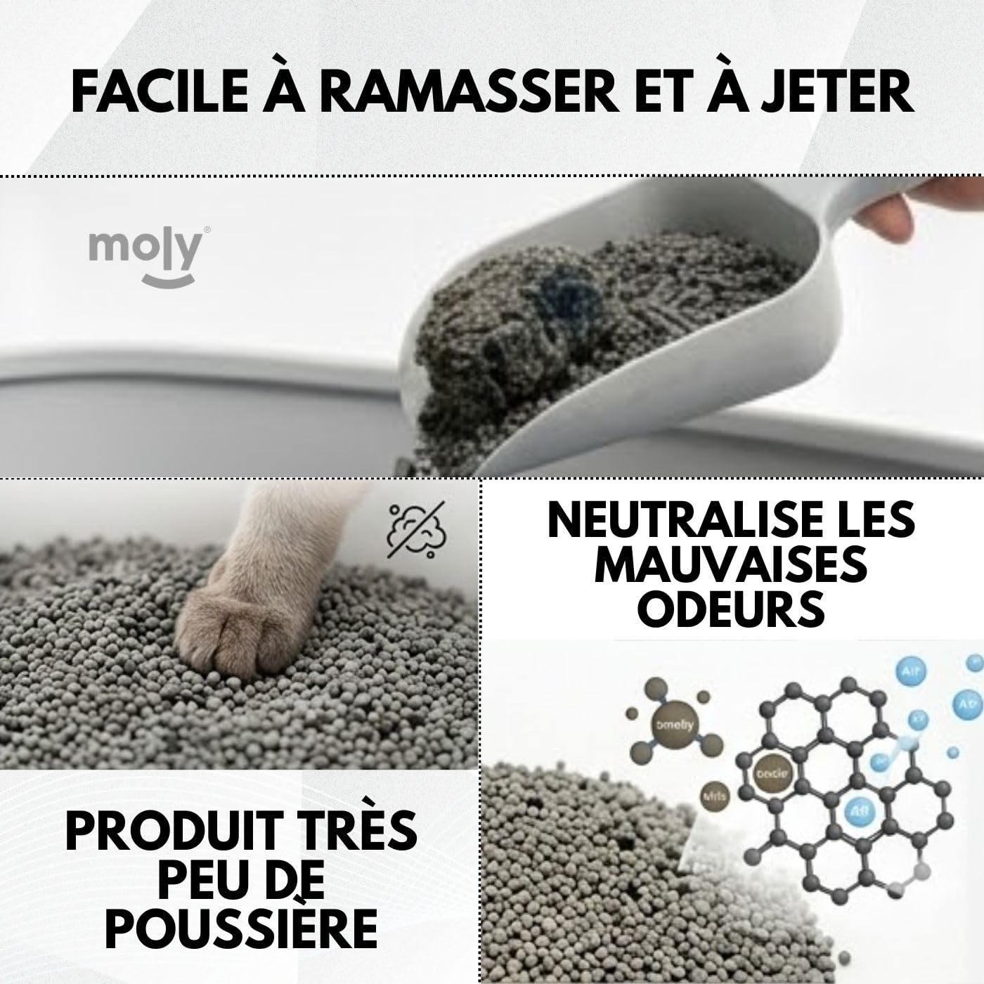 MOLY X6 Litière pour chats bentonite avec charbon actif 16,8 kg 22,2 l | litière agglomérante haute absorption avec arôme de lavande et de talc | Contrôle total des odeurs | Sans poussière | Litière