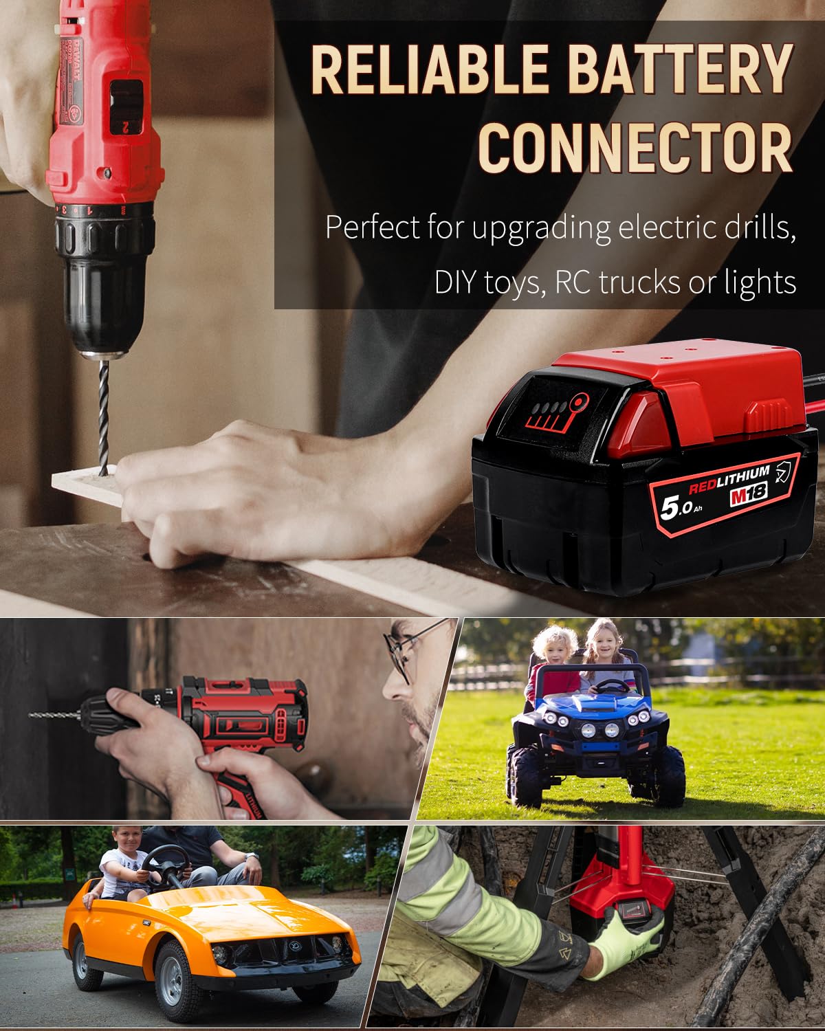 Vibit Peg-Perego Milwaukee Adattatore per batteria Milwaukee M18, adattatore per batteria con connettore originale per cablaggio, adattatore di alimentazione CC per giocattoli da equitazione per