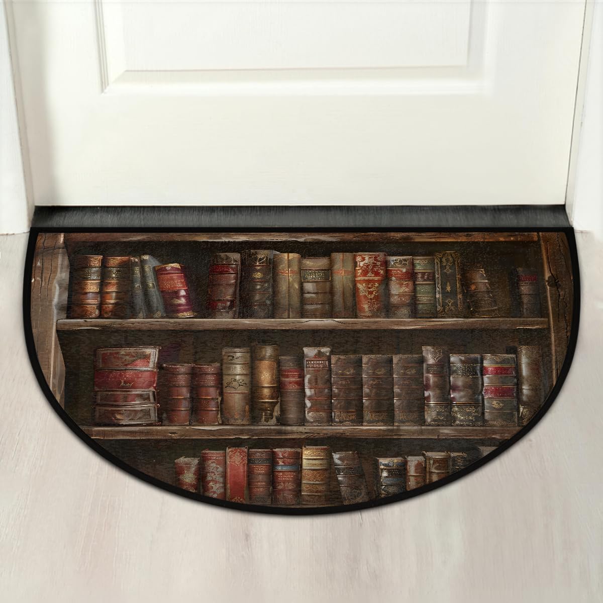 Half Round Doormat Non-Slip Washable Brown Retro Bookshelf Semi Circle Rug Soft Absorbent Half Moon Mat for Indoor Outdoor Entrance Kitchen Bathroom Sink Patio Welcome Fireplace Floor Rug