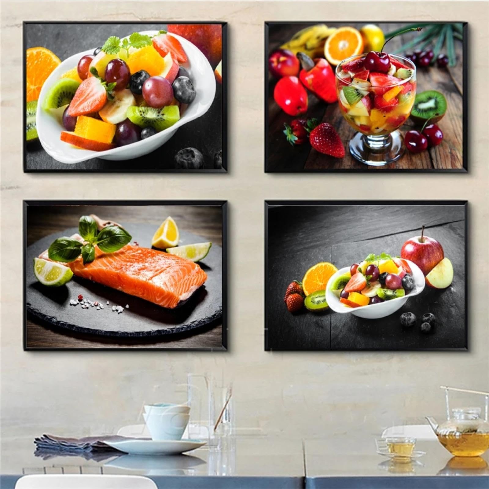 Peinture de desserts aux fruits grand format pour décorer un mur blanc