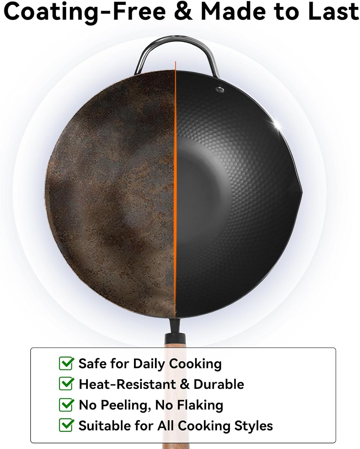 WANGYUANJI Carbon Steel Wok with Lid, 12.6" Hammered Stir Fry Pan with Helper Handle & Iron Spatula, Thickened Heavy Duty Flat Bottom Wok for Induction, Electric & Gas Stoves, Metal Utensil Safe