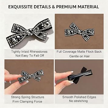 4Pcs Black Rhinestone Bow Hair Clips, for Wedding And Party QUUPY