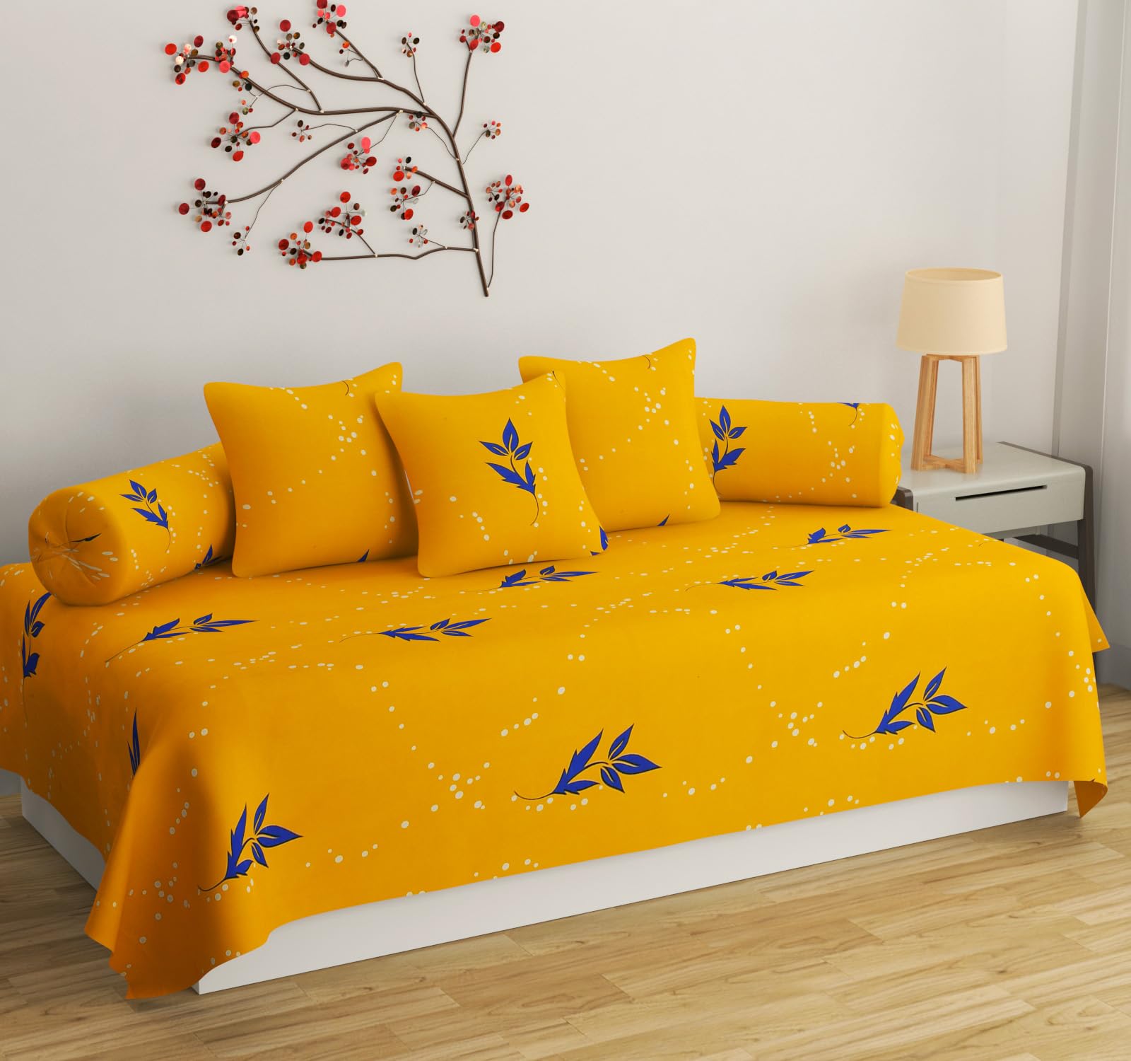 Super Soft Cotton diwan Set for Living Room, diwan Set Covers Cotton, diwan Set 6 Pieces One Single Bedsheet with 3 Cushion Cover,2 Bolster (Yellow)-picture-34