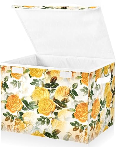 Yellow Flowers Modern Storage Container With Lid Stackable Closet Organizers Large Storage Bins for School Supply Office Basket