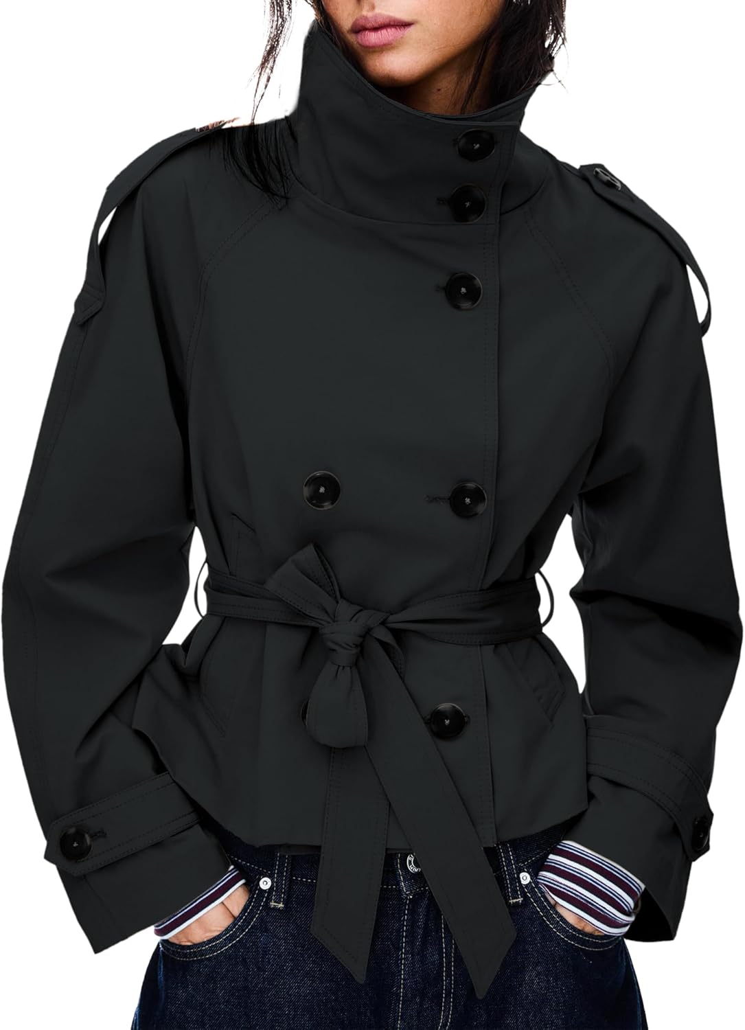 Women's Cropped Trench Coat Double Breasted Short Jacket High Collar Fall Winter Coats Trendy Outfit with Belt Black Medium
