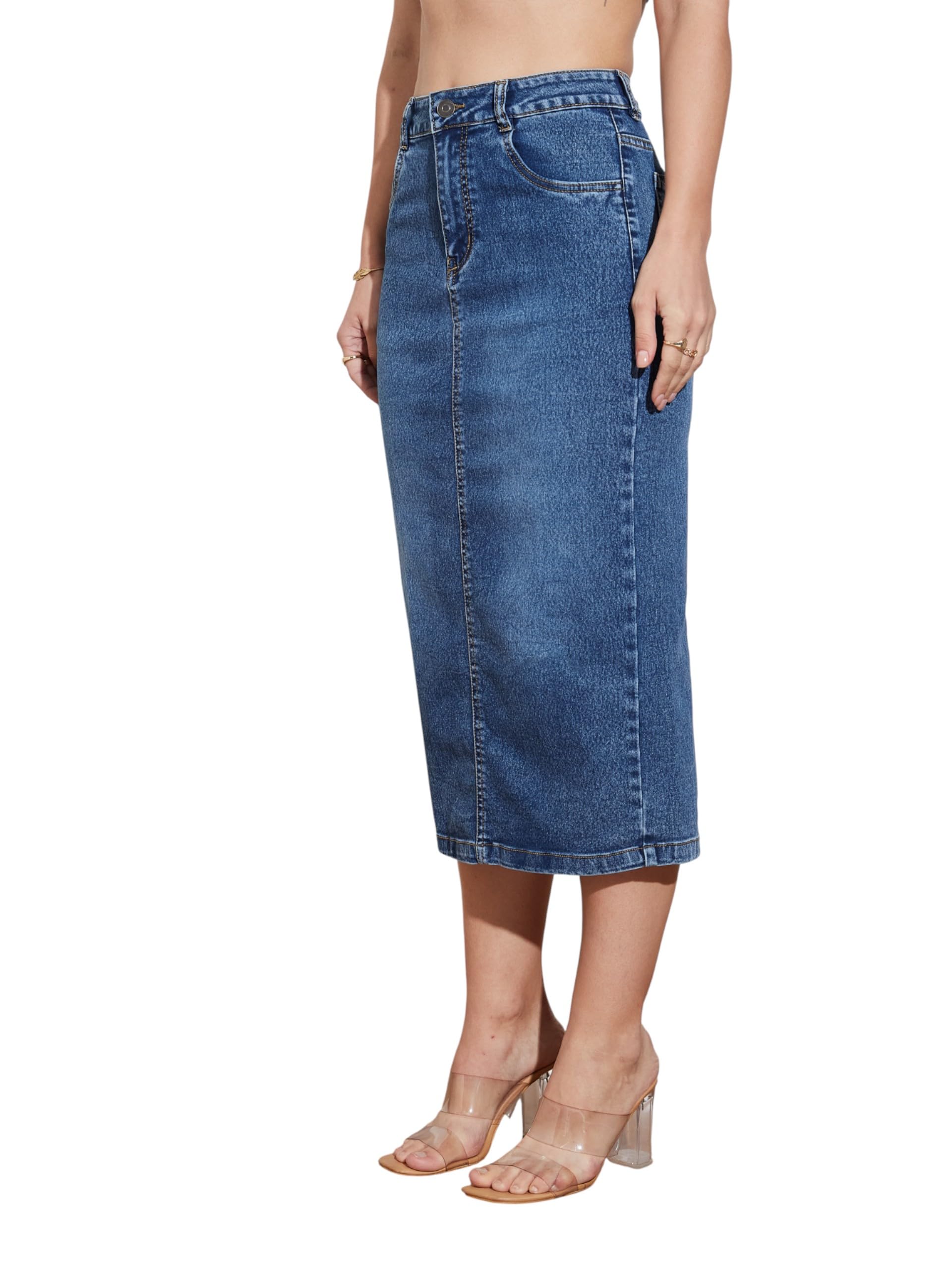 Womens High Rise Stretchable Denim Bodycon Midi Skirt-image-0