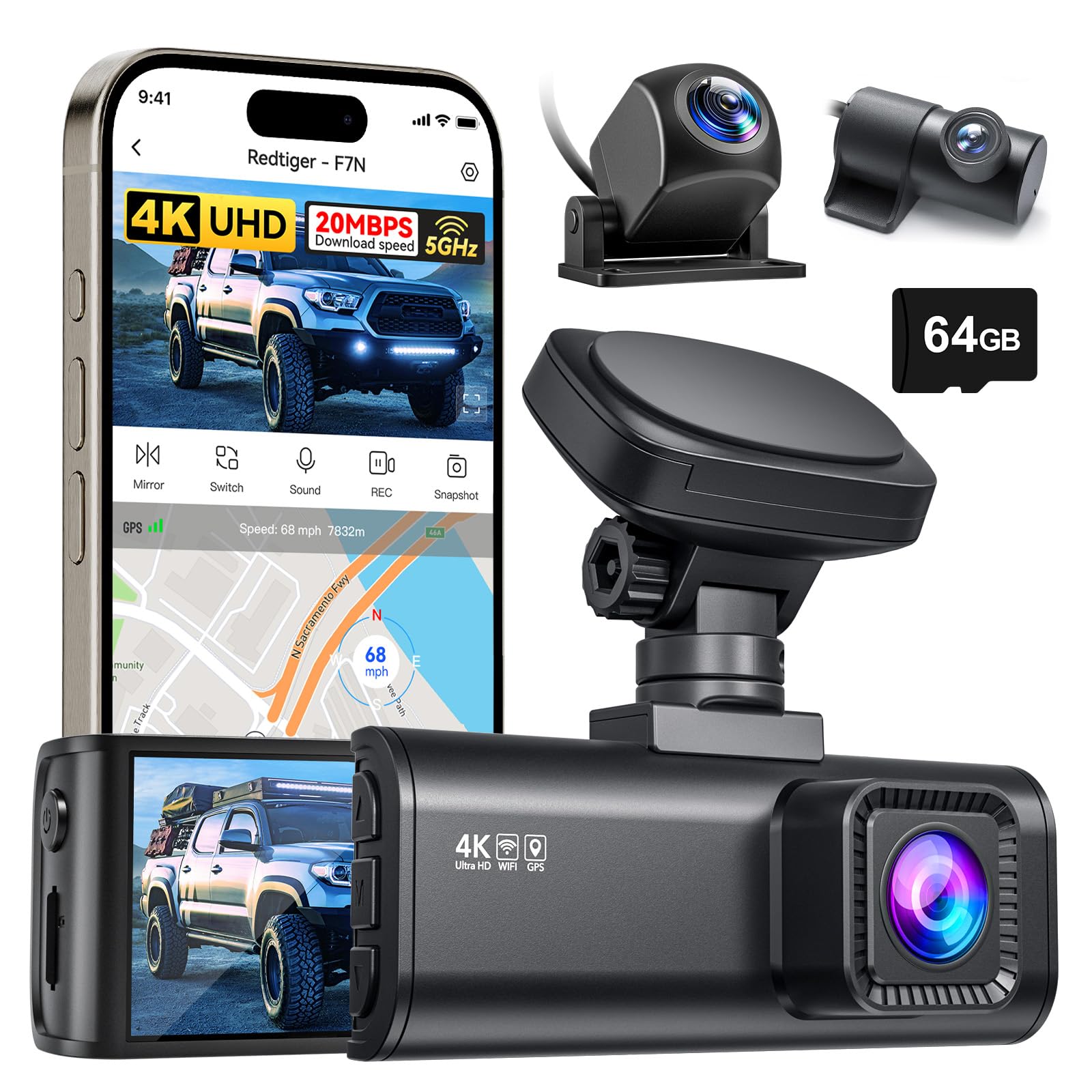 REDTIGER F7N 4K+1080P Dashcam Voiture et Caméra de Recul Embarquéee,Caméra Embarquée avec WiFi et GPS Intégrés pour Voitures,Carte SD 64G,Vision Nocturne,Mode Stationnement 24H