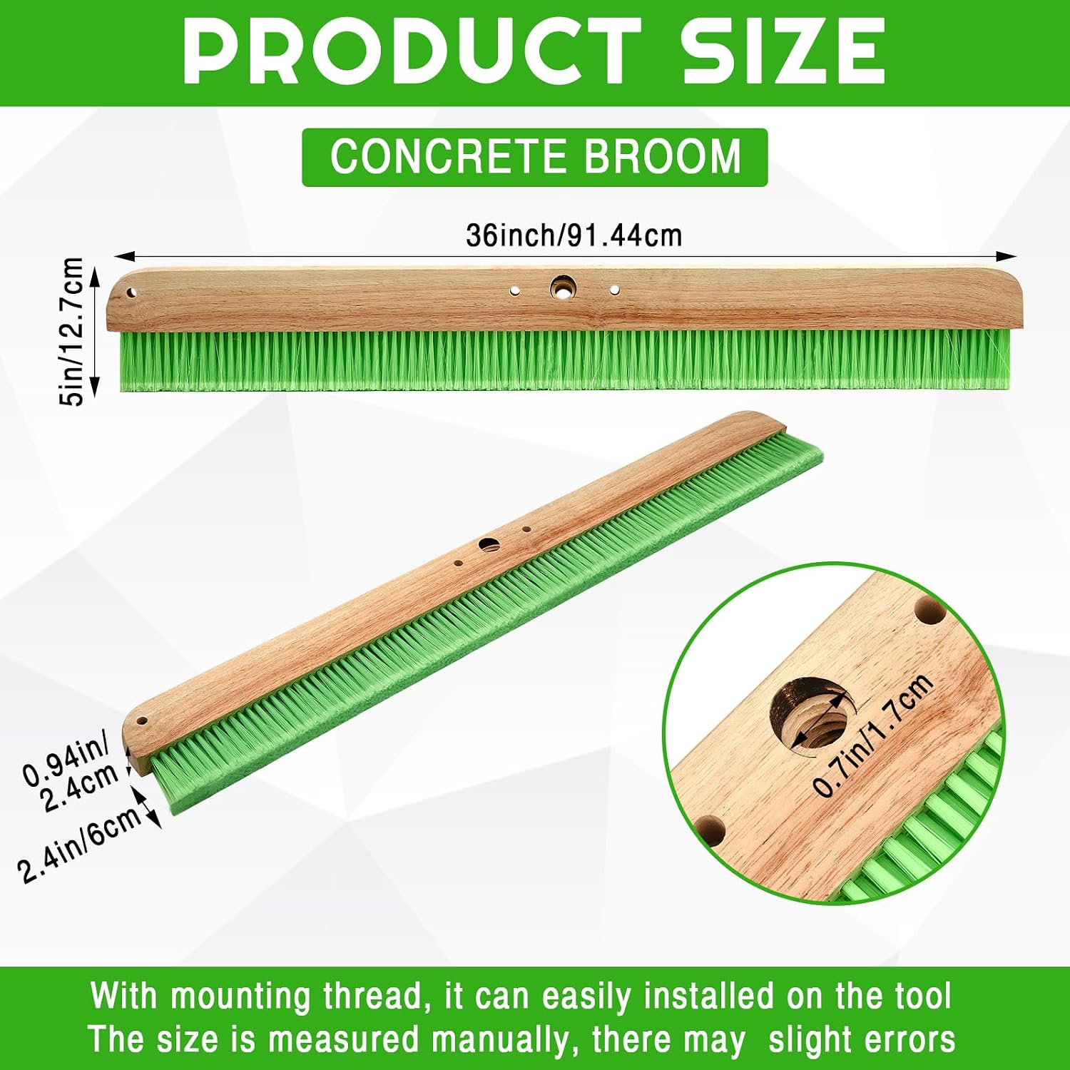 1 Pcs 36 Inches Green Concrete Broom Finishing Soft Without Handle Soft Flow Through Brush with Mounting Threads for Concrete Finishes, Hard Floors, Yards