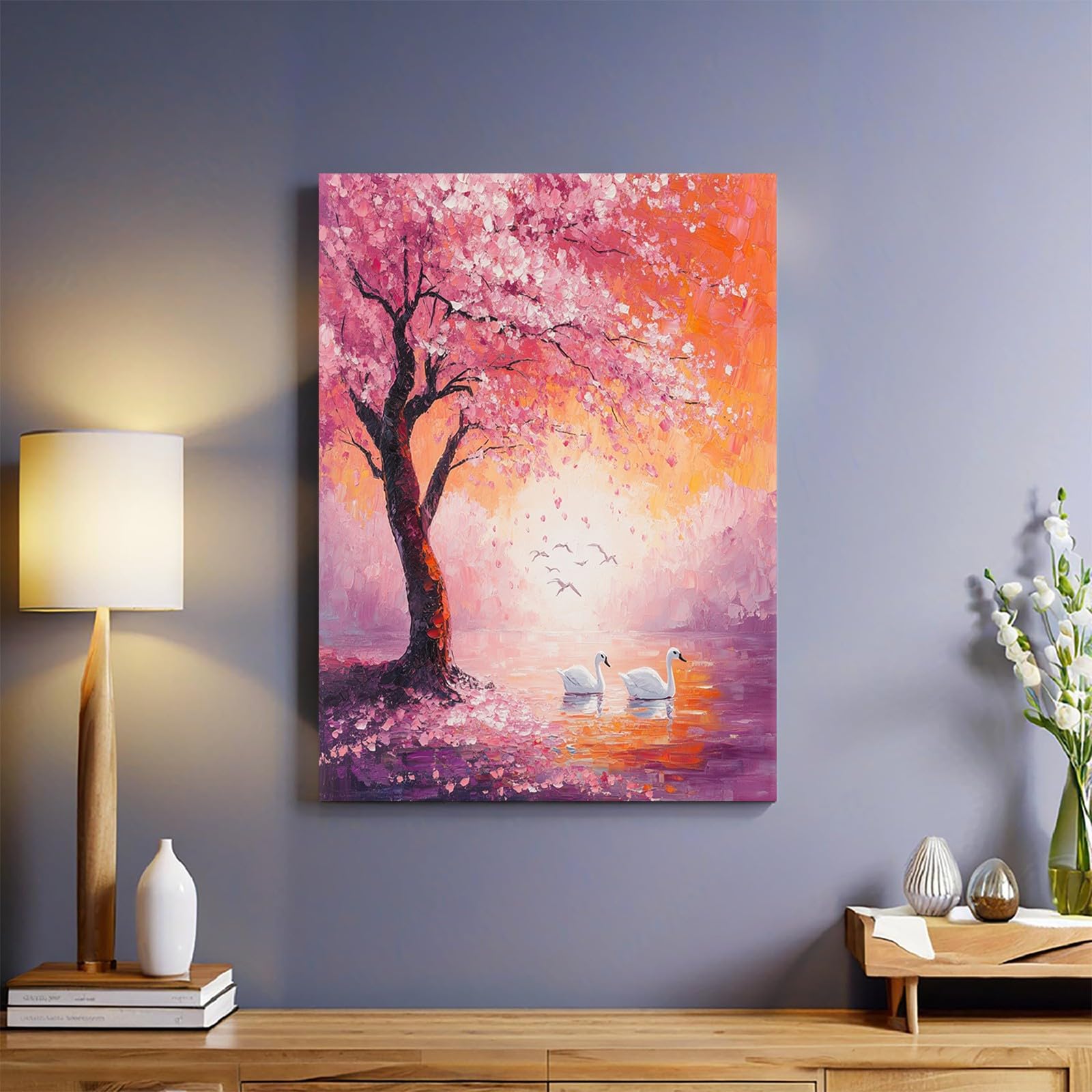 Leinwandbild 70 x 50 cm Abstrakte Kirschblüten und Schwäne Kunstdruck Wandbild Foto Poster Bild Fertig zum Aufhängen Aesthetic Deko Flur küche Büro Villa Badezimmer