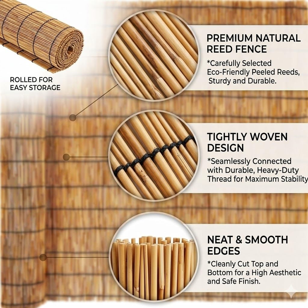 Canisse en Roseau Naturel Brise-Vue pour Jardin Balcon et Terrasse Clôture de Confidentialité Occultant Décoratif Extérieur Bambou Résistant aux Intempéries 1,5x5m 1.2x10m 1x5m(Natural,H180xL600cm)
