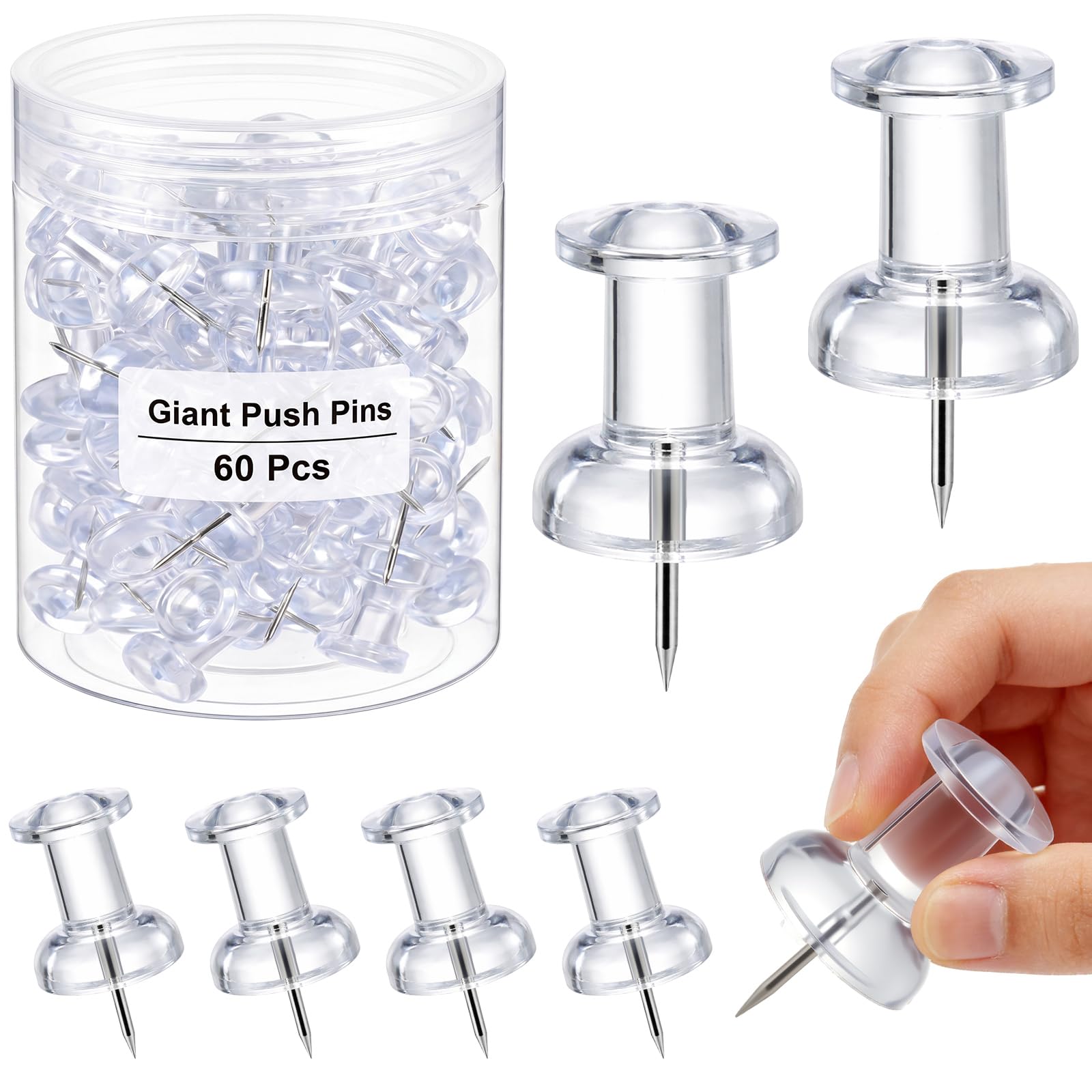 Outus 60 Pcs Giant Push Pins Jumbo Tacks 1 Inch Plastic Head for Cork Board Map Posters Decorations Gifts Under 10 Dollars(Transparent)