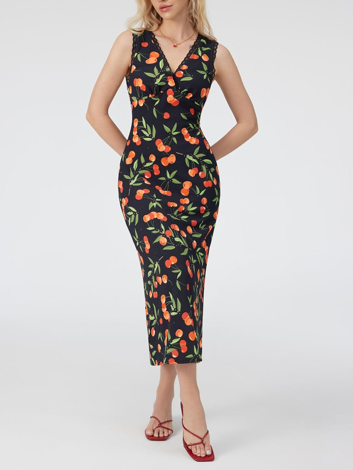 CIDER Womens Dresses Cherry V Neck Sleeveless Lace TrimA Line Sun Dresses Vacation Party Wedding Guest Dresses - Image 2