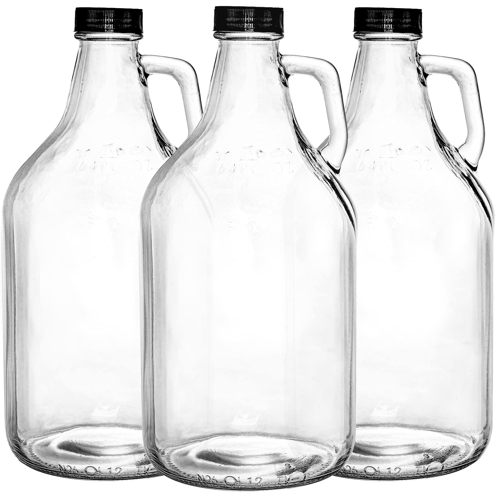ZEAYEA 3 Pack Glass Growlers, 64 oz Clear Glass Jug, Half Gallon Jugs with Poly Seal Cap and Handle for Beer, Home Brewing, Kombucha, Distilled Water