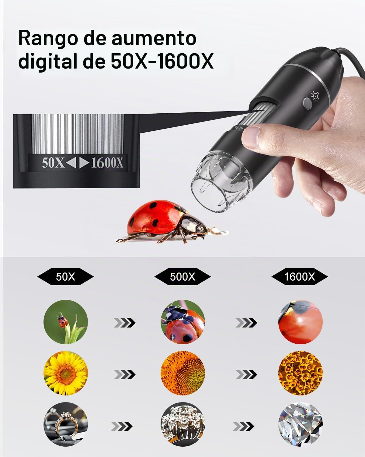 Microscopio Digital USB, cámara de endoscopio de Aumento AOPICK 50X-1600X, microscopio Digital portátil con 8 Luces LED para Android (USB-C), iPhone y iPad