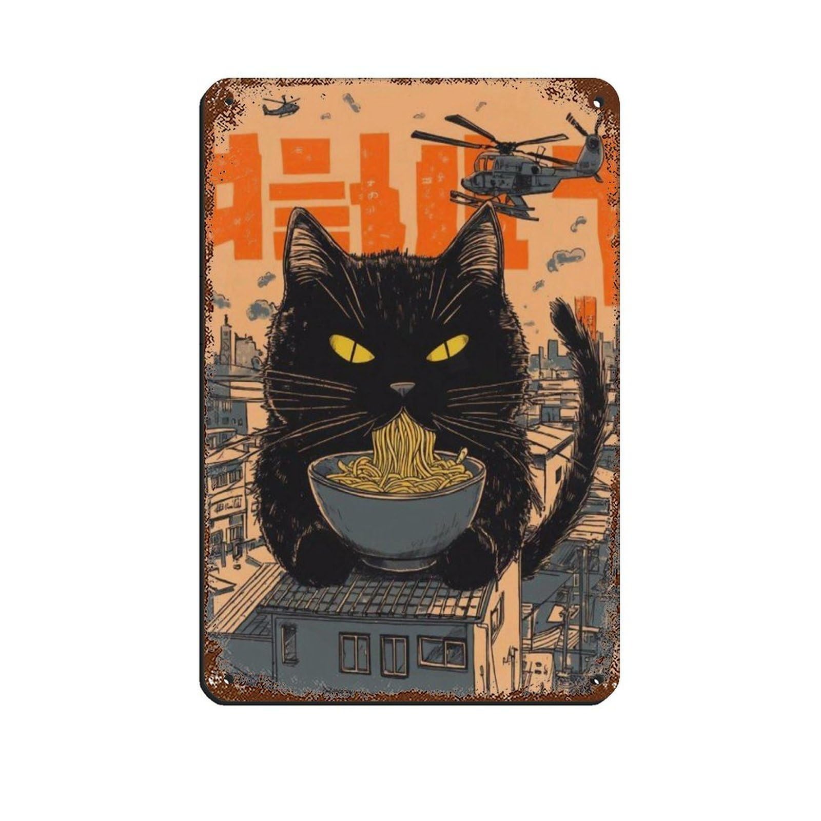 Giant Cat Watching City Eating Noodles Art Poster Tin Sign Vintage Metal Pub Club Cafe Bar Home Wall Art Decoration Poster Retro 8x12inch(20x30cm)