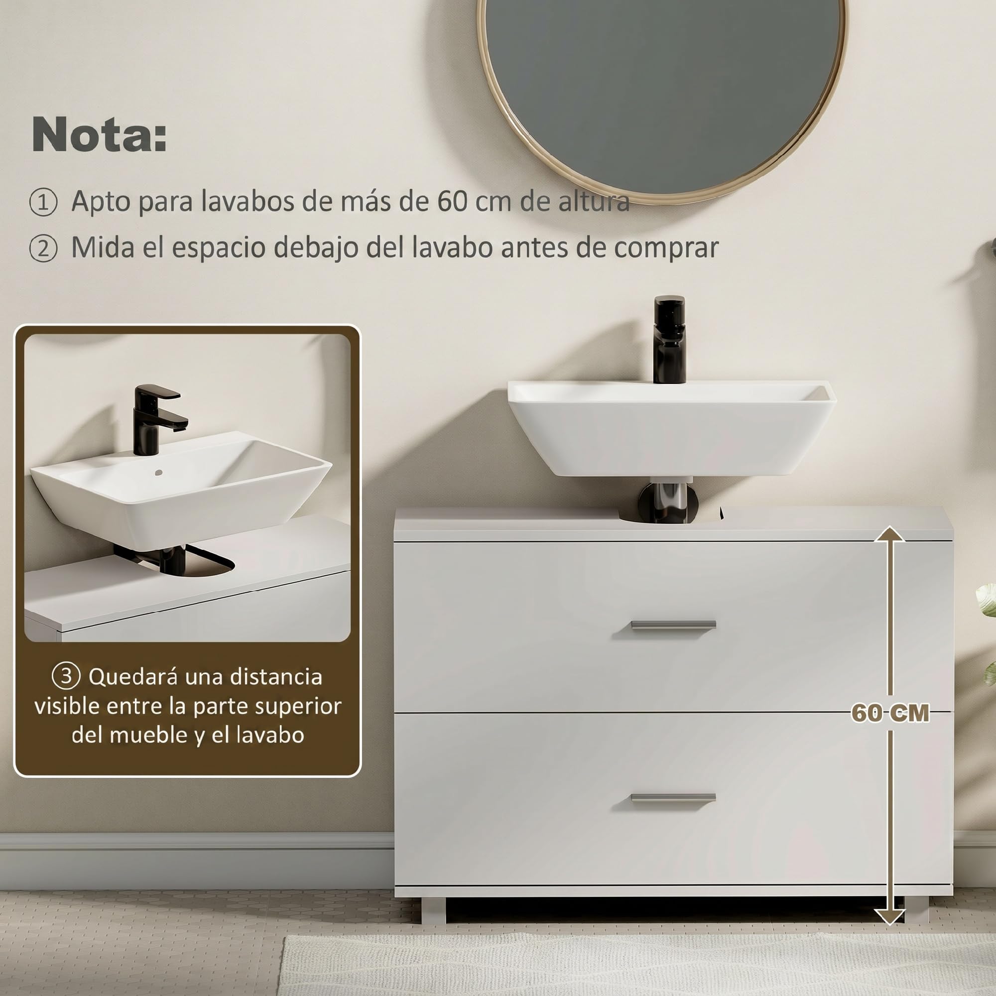 HOMCOM Mueble Bajo Lavabo, Mueble de Baño con 2 Cajones, Armario de Baño de Pie, Estilo Moderno, para Lavabo sin Pedestal, 80x30x60 cm, Blanco