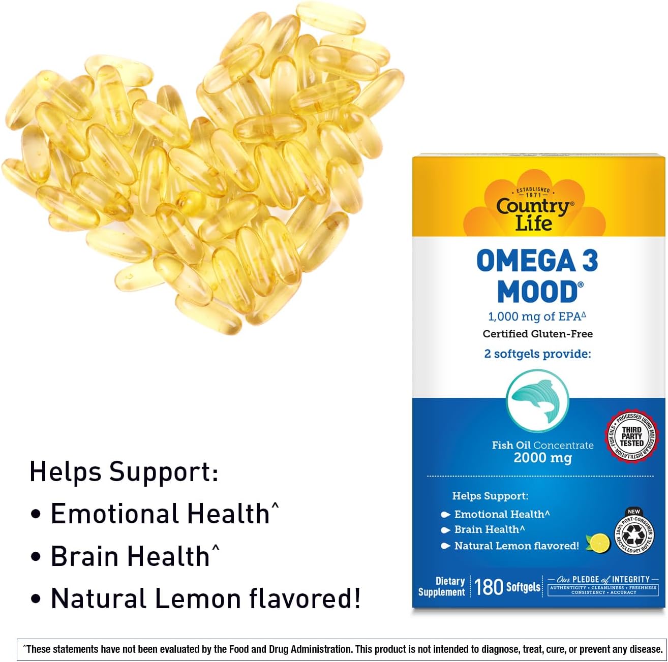 Country Life Omega 3 Fish Oil Supplement - High Concentration EPA and DHA Omega 3 Fatty Acids - 2000mg Fish Oil for Emotional Health, Mood Support, and No Fish Taste - Natural Lemon Flavor