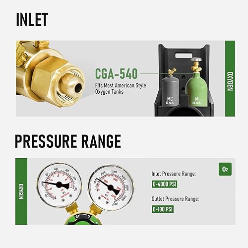 Miniatura 3 de RX WELD Regulador de oxígeno Medidores de gas de soldadura CGA 540 Entrada Oxy para kit de corte de antorcha estilo V, mango de PC