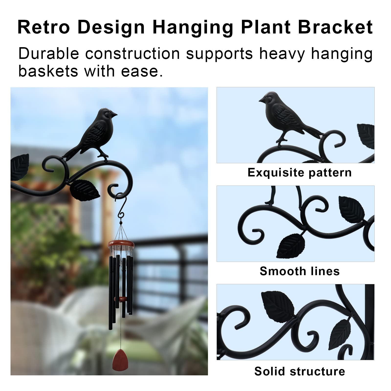 JIALAI HOME 4 Pack Hanging Plants Bracket 12" Bird Planter Outdoor Hooks Hangers for Flower Baskets Pot Bird Feeder Wind Chimes Lanterns Patio Garden Outdoor Indoor Metal Black