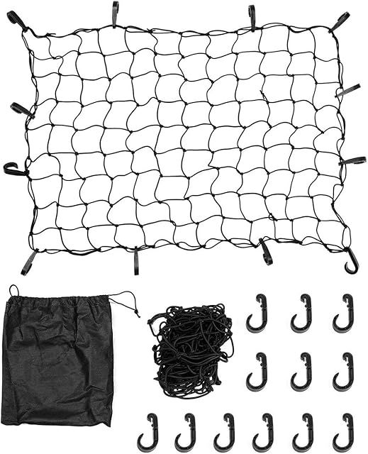 DEDC Rear Cargo Net Adjustable Super Heavy Duty Luggage Bungee Net for Trunk Bed, Jeep, SUV, Trailer, Van Storage Trailer Snowmobile Secure Loads for Pickup Truck Bed 12PCS Hook 47x35 Inch