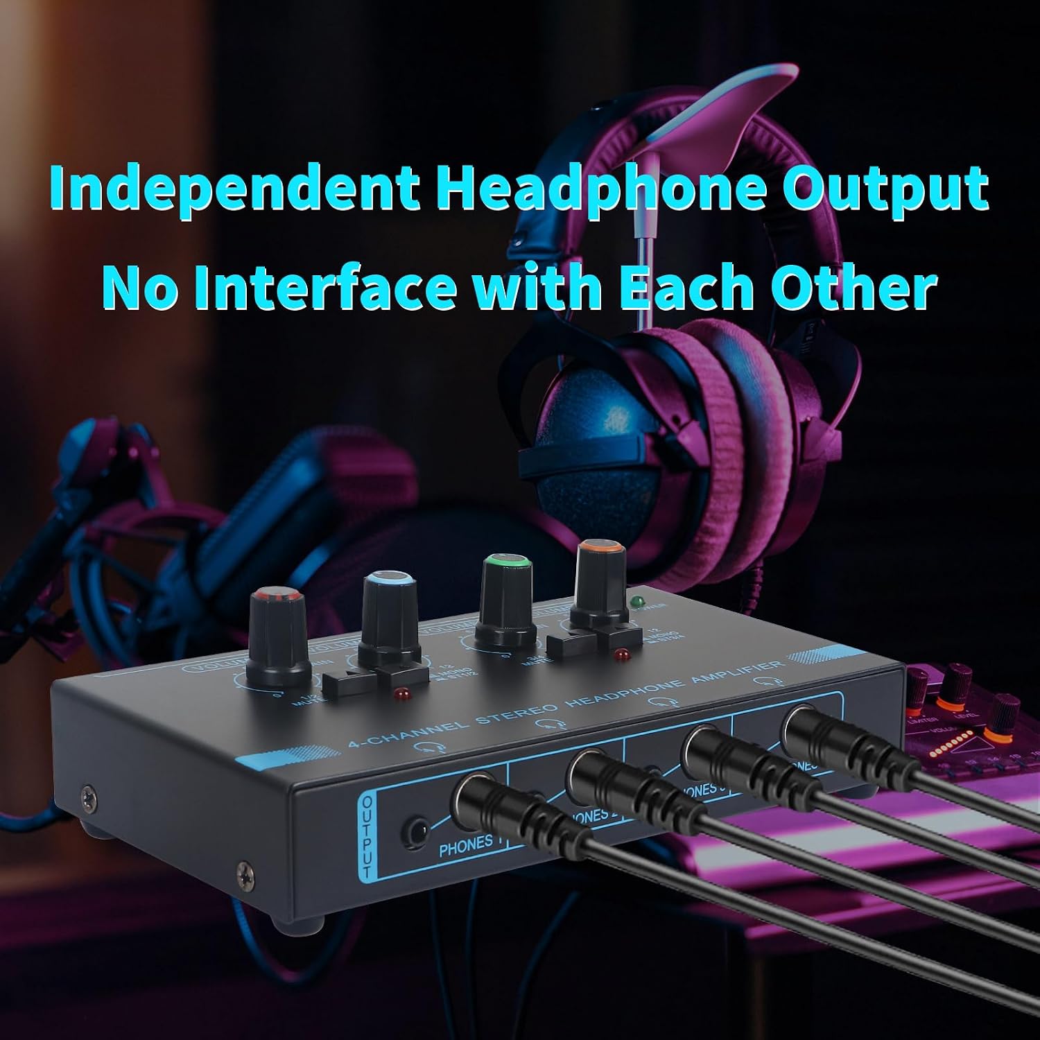Horse Headphone Amp Amplifier, 4-Channel Metal Stereo Audio Amplifier, Mini Earphone Splitter, 1/4" 1/8" TRS/TS Audio Input and Output for Music Studio, DC 12V(Blue&Black)