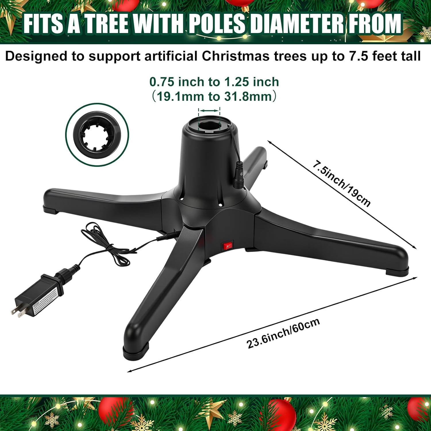 Hortsun 360 Degree Rotating Christmas Tree Stand with 30'' Mat Electric Revolving Base Stand Holder for up to 7.5ft Spinning Xmas Tree with Built-in Electrical Outlet and 2 Settings Trunk Diameter