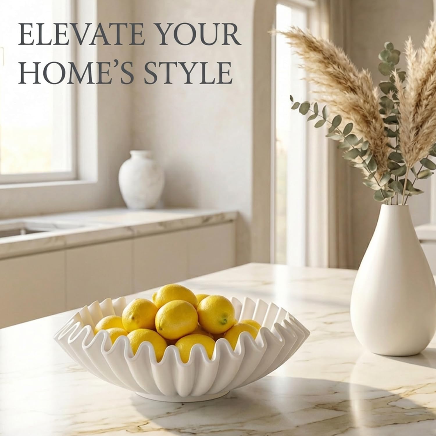 White Decorative Bowl, Modern Handicraft Ruffle Key Bowls for Living Entryway Table, Large Decorative Fruit Bowl for Kitchen Counter, Coffee Tables