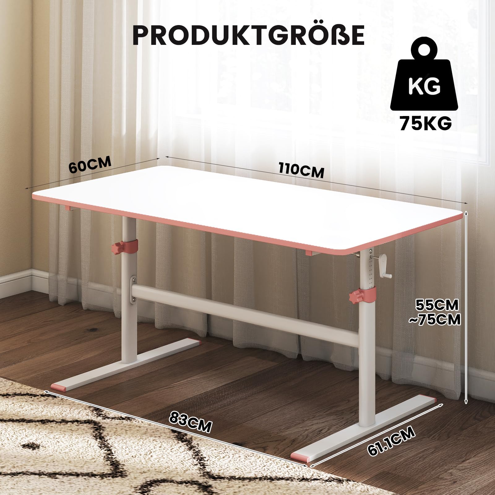 JOYLDIAS Kinderschreibtisch höhenverstellbar 110×60 cm, Rosa | Tischplatte mit Kurbel, blendfreie Oberfläche, Einklemmschutz, abgerundete Ecken