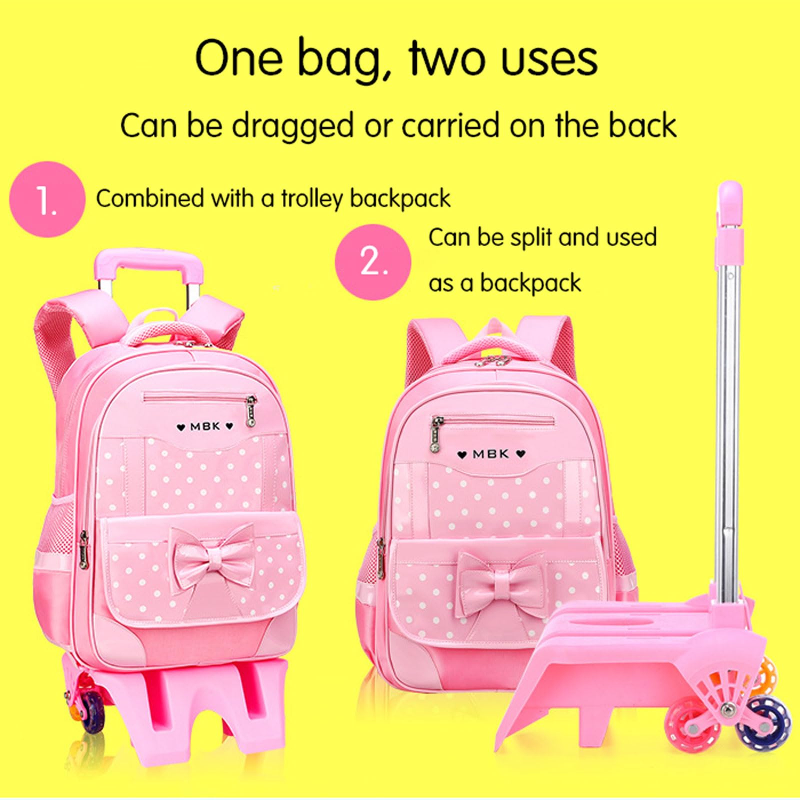 Zaino Trolley Scolastico,Zaino Scuola Viaggio,Zaino Rotelle,Zaino Scuola Trolley Sganciabile,Compatibile con Le Scale,Tasca Frontale,con Spallacci,per Scuola,Viaggio,Bambino Ragazzo