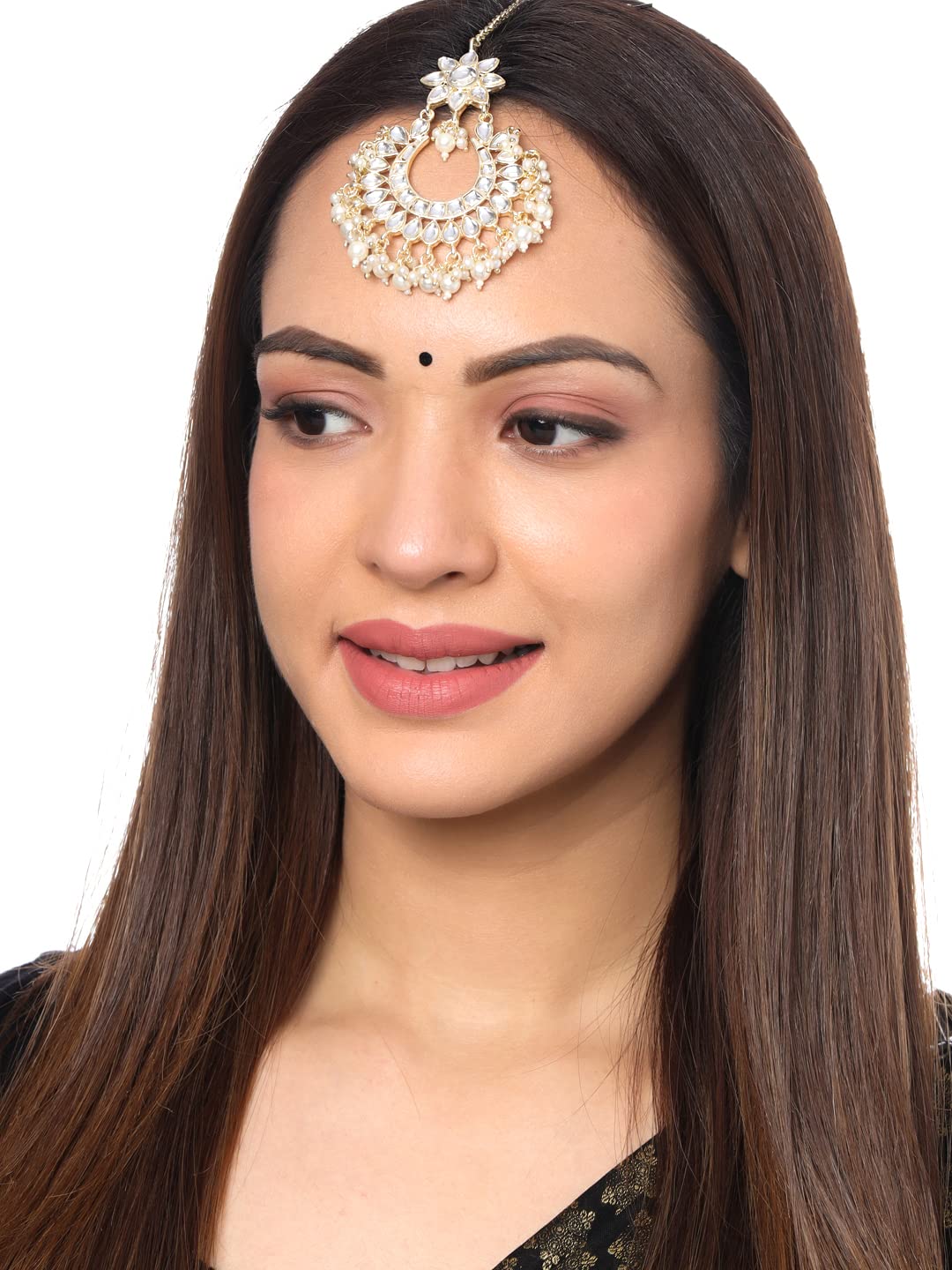 Kundan Studded Beads Drop Chandbali Maang Tikka