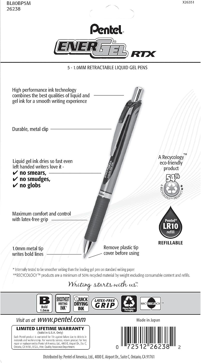 Pentel Energel RTX Retractable Liquid Gel Pen, Bold Line, Metal Tip, Assorted Ink Pack of 5 (BL80BP5M)