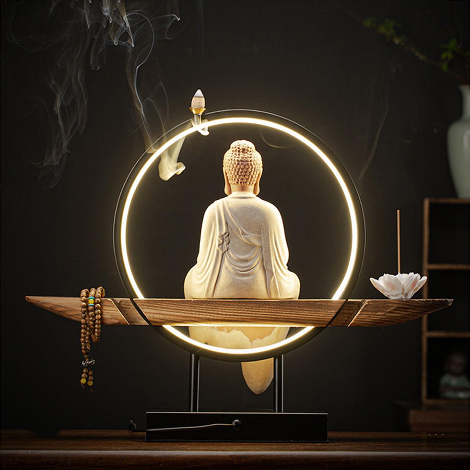 Buddhistische Statue mit Räuchergefäß, LED-Kreis, 3D-Wandleuchter, Zen-Licht für Wanddekoration im Wohnzimmer und Veranda