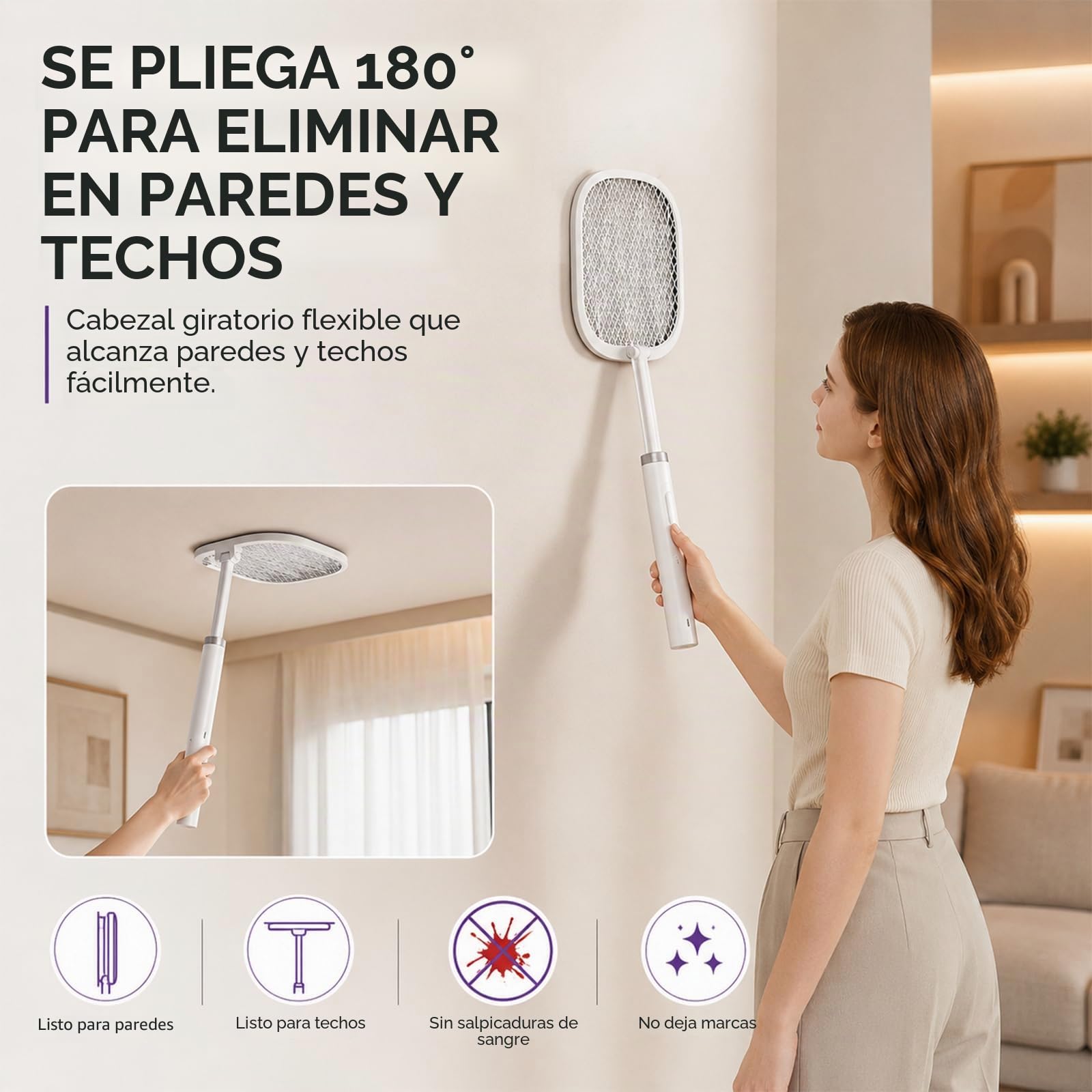 Raqueta Mosquitos Eléctrica Recargable USB-C (Pack de 2), 5000V Matamoscas Eléctrico 2 en 1 con Luz Nocturna, Cabezal Plegable 180° y Mango Telescópico 61-72 cm, 2000mAh, Mata Mosquitos para Interior