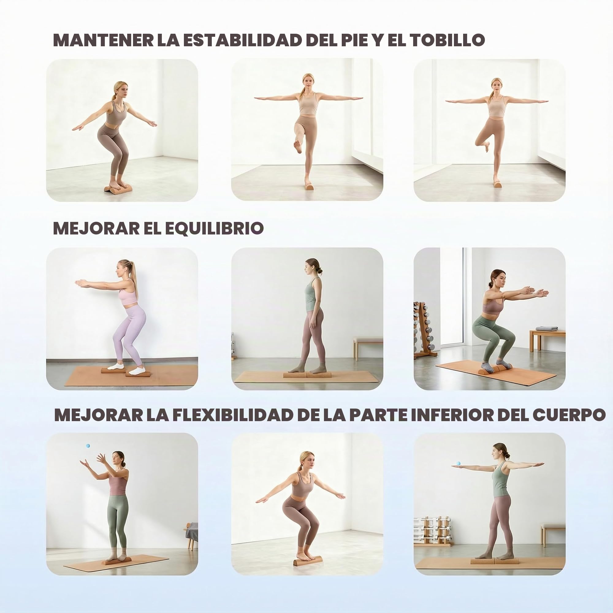 Tabla de equilibrio de corcho 4 en 1 para pies y tobillos – Kit de entrenamiento y propiocepción con bloques, rodillo, pelota de masaje y bandas – Fisioterapia, estabilidad y prevención de caídas