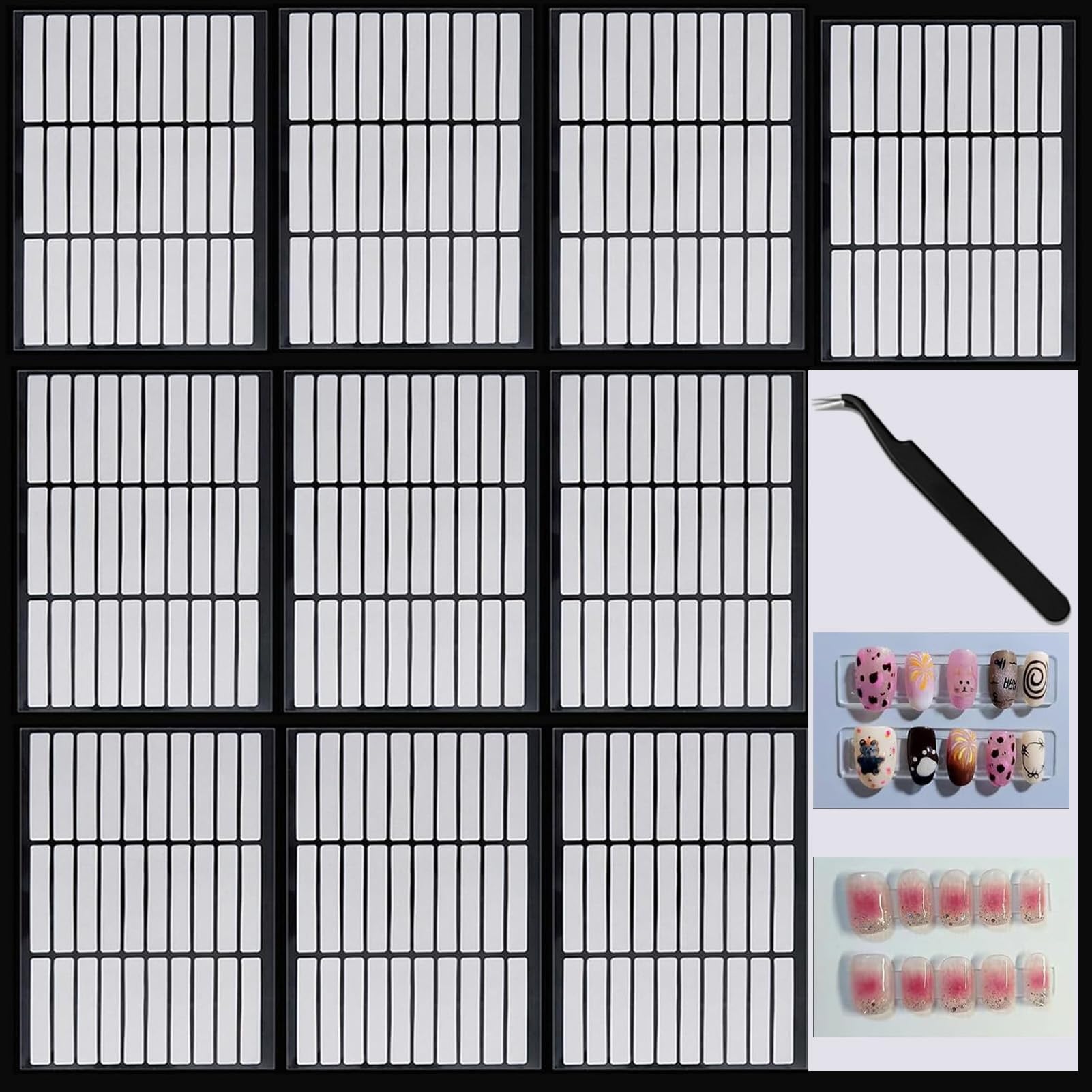 10 Sheets Double Sided Nail Tape for Press On Nails Double Sided Tape Nail Art Display Strip Tape for Nail Packaging Storage Display Salon Supplies Organizer with Tweezer