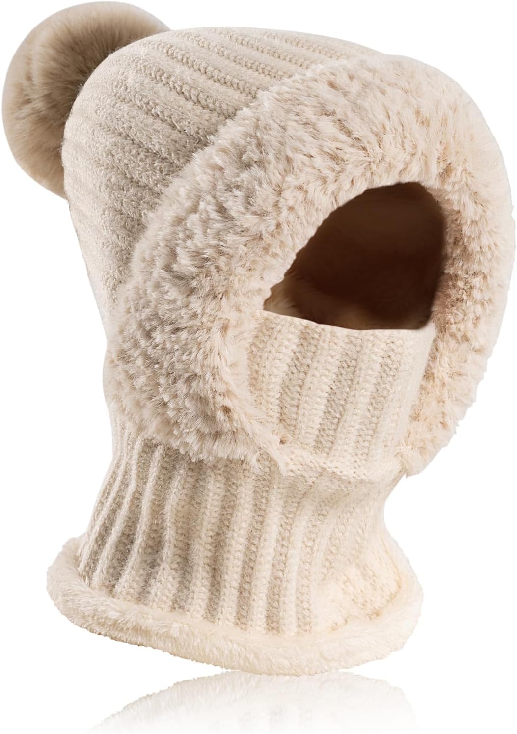 Winter Warm Knitted Cap & Neck Warmer Sets for Women, Windproof Flexible Soft Thick Fleece Lined Face Mask Beanie Hat with Hairball, Outdoor Sports Balaclava Ski Mask, Winter Gift