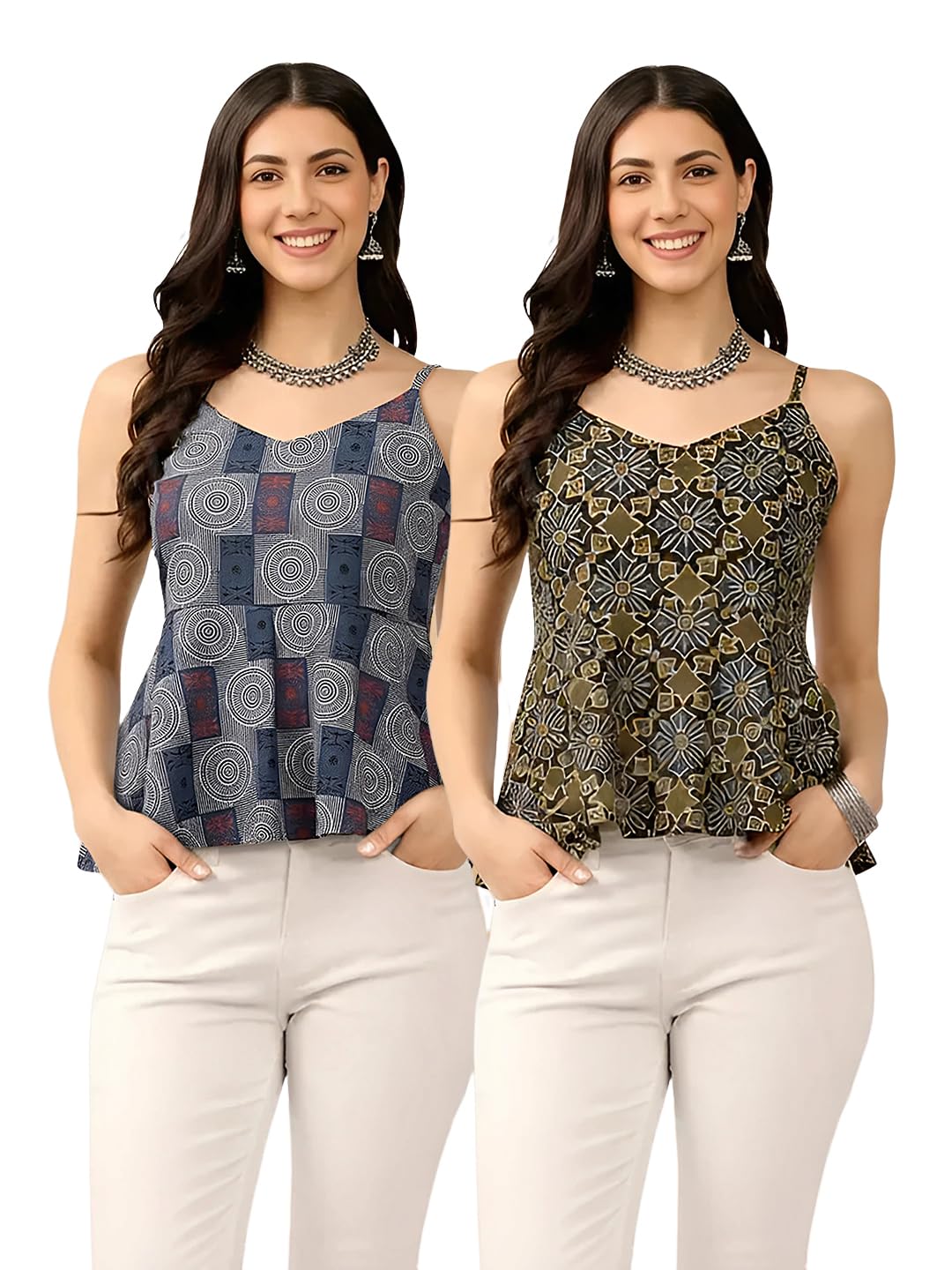 Pinkmint Set di magliette da donna in cotone senza maniche, con spalline sottili, stampate, per l'estate, l'ufficio, l'università, le vacanze e la spiaggia (confezione da 2), multicolore