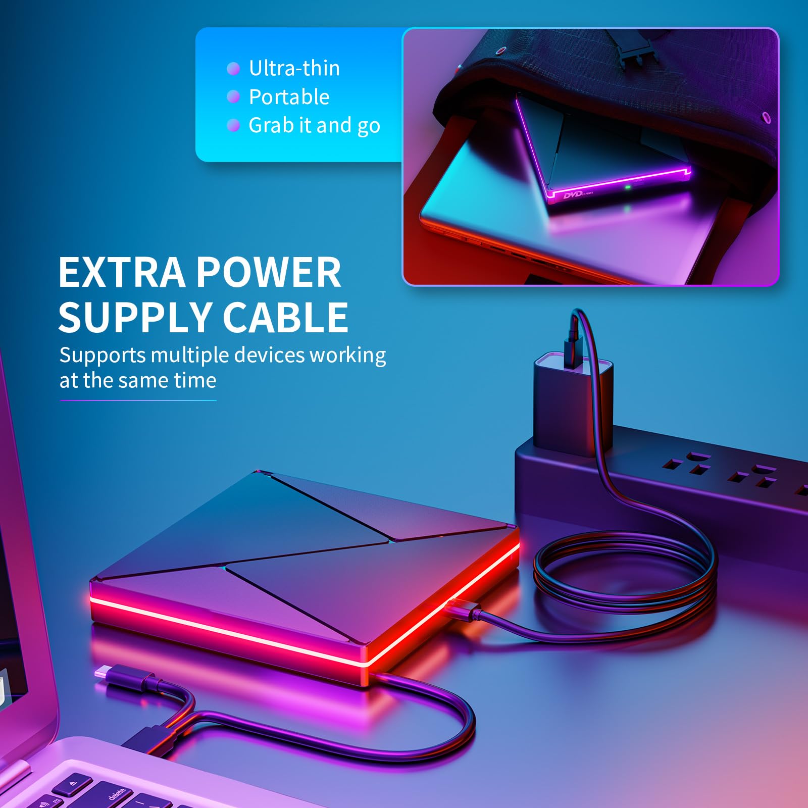 Zewnętrzny napęd CD DVD z RGB, USB 3.0 i USB-C, zewnętrzny, nagrywarka CD DVD +/-RW ROM, optyczny, zewnętrzny napęd DVD do laptopa, komputera stacjonarnego, MacBooka, iMaca, Windows 11/10/8/7/XP/Linux