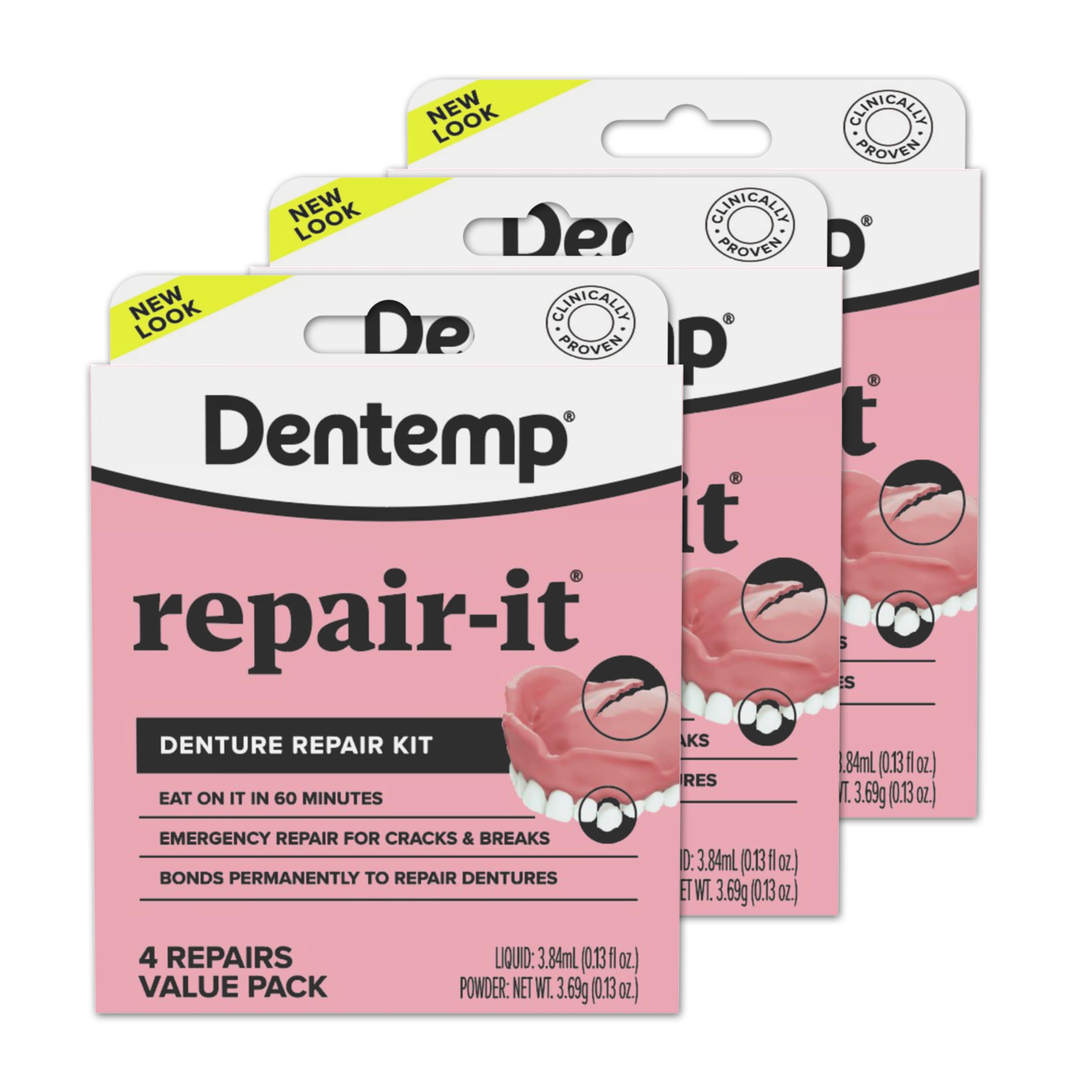 Dentemp Repair Kit - Repair-It Advanced Formula Denture Repair Kit - Repairs Broken Dentures, Mends Cracks and Replace Loose Teeth 3 Pack (12 Count) -
