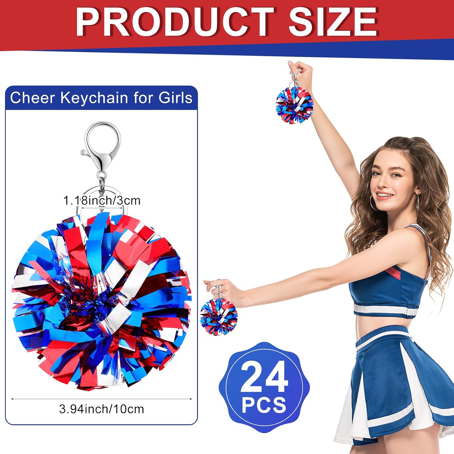 24Pcs Cheer Pom Pom Keychain Cheering Keyring Charm Foil Keychain Cheerleader Gift Plastic Pom Cheer Camp Gift