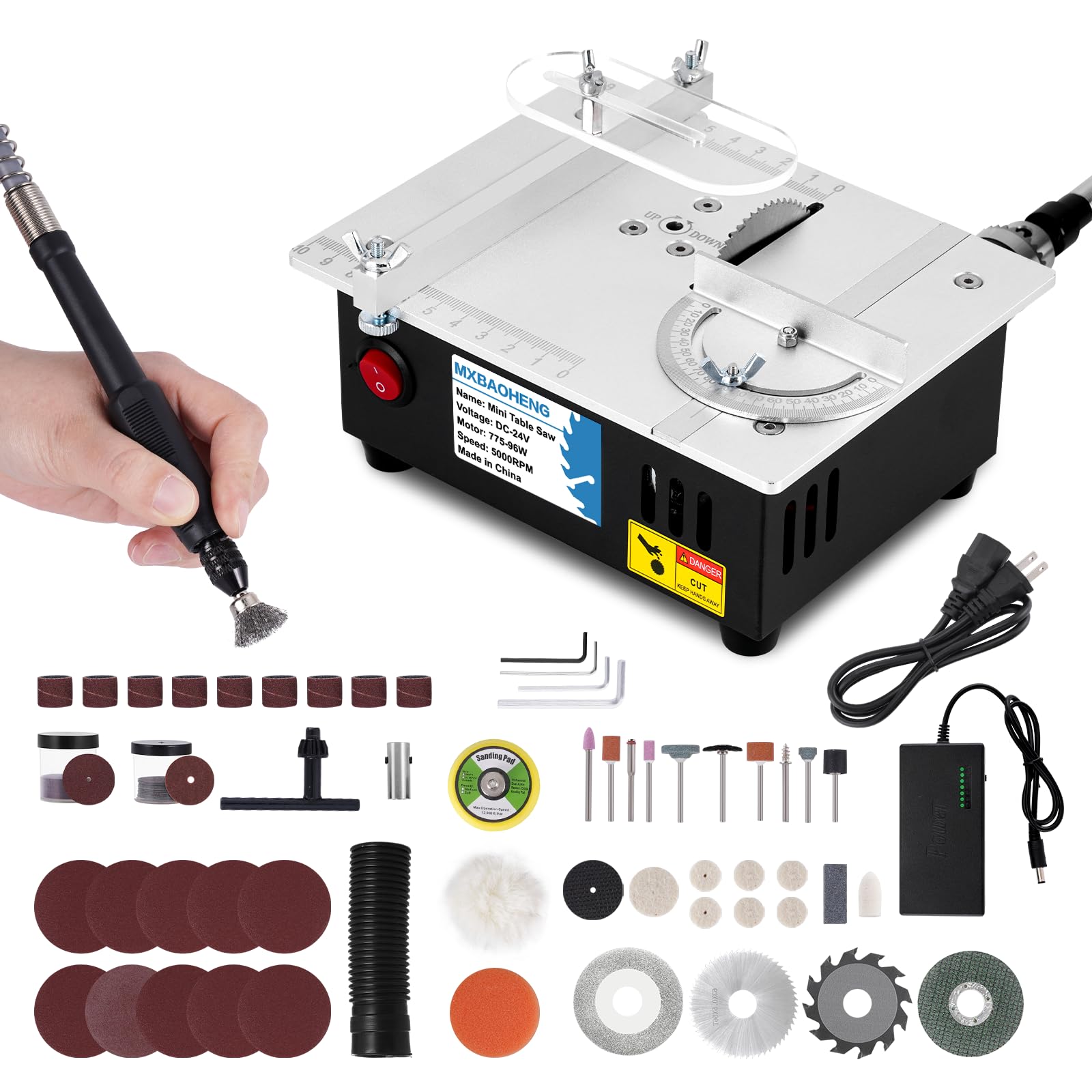 MXBAOHENG Updated Mini Multifunctional Table Saw with Cutting & Sanding Switch, Small Portable Hobby Table Saw for DIY Crafts, Model Making, Wood/Plastic/Acrylic Cutting, 96W 7-Speed Control